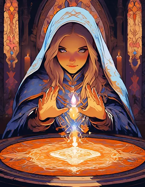 screen printing, 2D art, Vibrant, dynamic, arcade, highly detailed, Metaphysical Painting, Warm color guide, a pretty cleric,concentrated eyes and poised hands, summoning magical creatures,