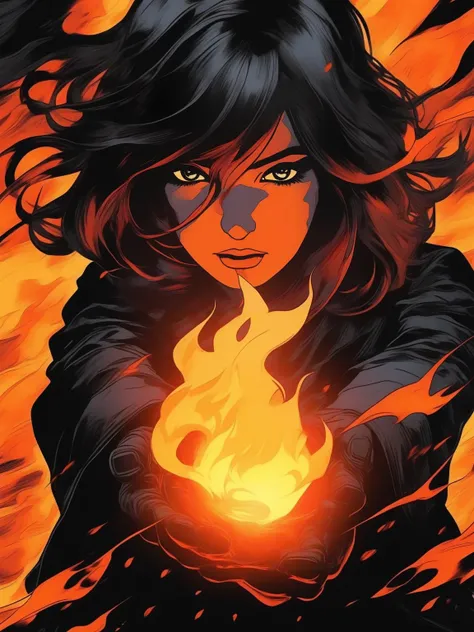 The girl has black fire coming out of his hand, in the style of digital mixed media, comic art, animecore, trashcore, burned/ charred, ue5, negative image,