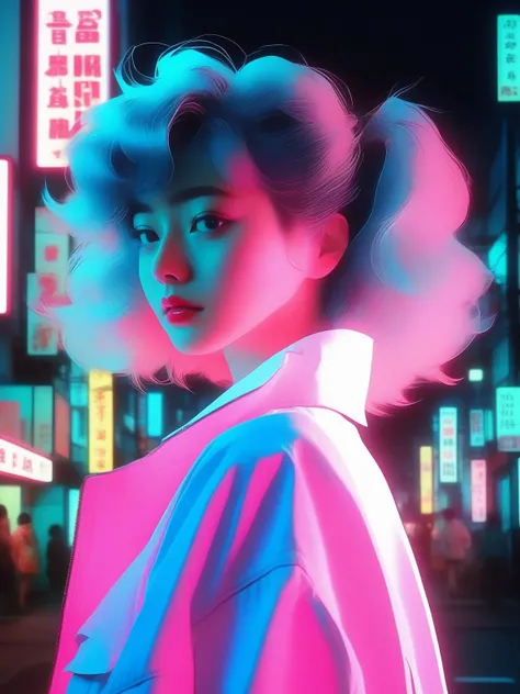 A woman, she's about 28 - 32 years, she has a white skin, on cigarette, in 80s japanese anime, city pop art, vintage, japan 80s aesthetic, night theme, vaporwave, anime, dof, city background,
