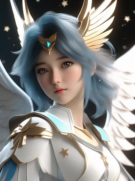 A girl in white with blue wings, in the style of charming anime characters, photo - realistic techniques, the stars art group(xing xing), light silver and light gold, dark white and dark aquamarine, dark white and light crimson, unreal engine 5,