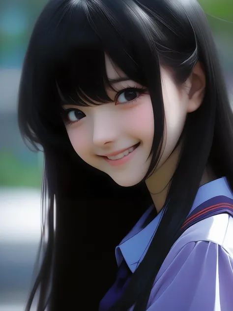 Long straight black bang hair, evangelion, school girl, menhera, japan, gloomy face, depress, smiling, insane,