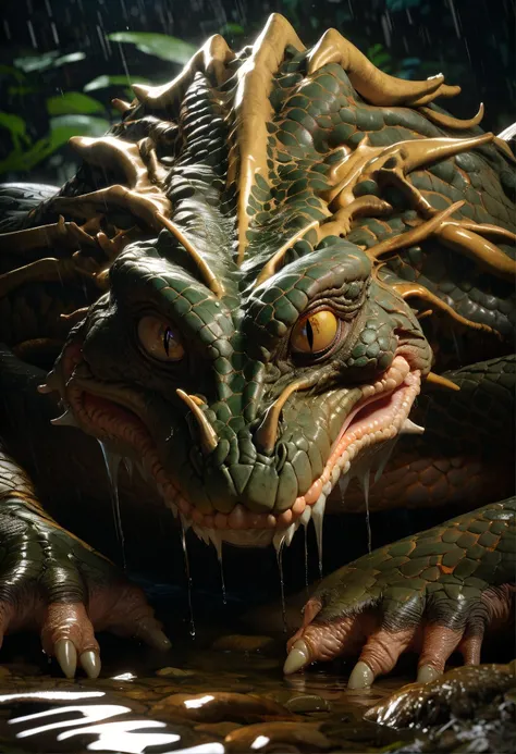 A muscle green male alligator, a muscle green male lizardmen , sleeping, detailed face, very close face