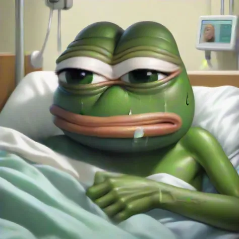 A poignant image of "pepe_frog" in a hospital bed, tears glistening on their cheeks, embodying the essence of sorrow and despair. The surroundings are blurred, drawing attention to pepe_frog's tear-streaked face. The style is ultra-realistic, capturing every nuance of emotion. Use a Nikon D850 with a Nikkor 85mm f/1.4G lens. The resolution should be set at 45.7 megapixels, ISO at 25,600, and a shutter speed of 1/200 second. The lighting should be ambient, with a soft glow illuminating pepe_frog, emphasizing the tears and the sadness in their eyes,pepe_frog, <lora:pepe_frog SDXL:1>