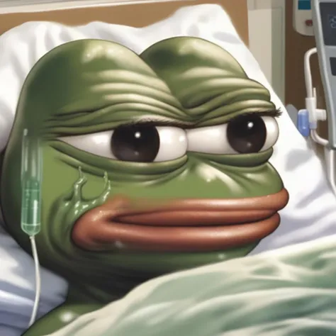 A poignant image of "pepe_frog" in a hospital bed, tears glistening on their cheeks, embodying the essence of sorrow and despair. The surroundings are blurred, drawing attention to pepe_frog's tear-streaked face. The style is ultra-realistic, capturing every nuance of emotion. Use a Nikon D850 with a Nikkor 85mm f/1.4G lens. The resolution should be set at 45.7 megapixels, ISO at 25,600, and a shutter speed of 1/200 second. The lighting should be ambient, with a soft glow illuminating pepe_frog, emphasizing the tears and the sadness in their eyes,pepe_frog, <lora:pepe_frog SDXL:1>