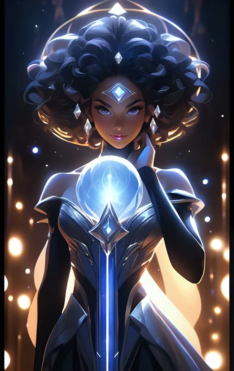  female , Elderly, Solid, Afro-Caribbean, Gray eyes, Round Ears, Unique Nose,   High Cheekbones,  Diamond face shape with Angular Cheeks, Athletic Triceps, Glamorous evening makeup , Light Black (Soft Black) Voluminous curls hair, Frown, Ritualistic Stance, Intricate movements in ceremonial magic,  wearing  Enigma Gown , , ,  and and and Mesmerize (Ferromagnetic,Déjà vu,Enrapturing,Illusionary,Bewitching,Turbulence,Parallel liness,Curved lines,Hexagon ,Sphere,rainbow magic:1.0), Concentrated eyes and poised hands, summoning magical creatures, Astral Gleam, Mystical Rune Stones Chamber, Futuristic Gadgets, Laminate and Tapestry Pile Weave tapestry and Lapis Lazuli, High-Intensity Discharge Lamps, Black Lights, fantasy,
Ultra High Resolution, wallpaper, 8K,Rich texture details, hyper detailed, detailed background, high contrast, sharp focus,detailed eyes,