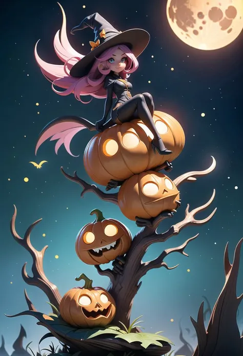 score_8_up, a witch is flying on a rocket broom over a foggy forrest. The moon is a huge carved pumpkin