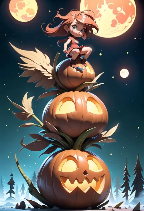 score_8_up, a withc is flying on a rocket broom over a foggy forrest. The moon is a huge carved pumpkin