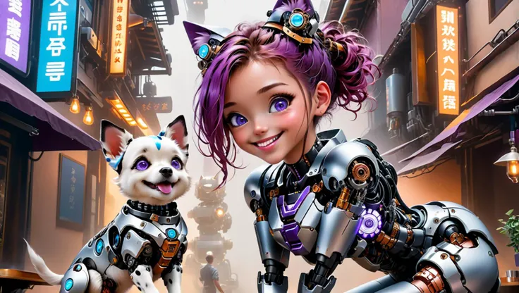 (((masterpiece))), (realistic:1.3), ((realism)), 8k,16k,( photo realistic:1.3 (best quality:1.2), ((1mechanical girl)) petting her small (mechanical dog:1.3), restaurant setting, (food porn:1.2), Textured, detailed, <lora:cyborg_style_xl:0.4> cyborg style, glowing eyes, (robot:1.3), cyborg, robotic metal (hard edges:1.2), <lora:add-detail-xl:0.7>, (happy:1.3), smile, (Excited:1.1), ecstatic, Whiskers, Animal Ears, (Cute:1.3), (funny:1.2), (cybernetic:1.6), (Cyborg:1.3), science fiction, cyberpunk, <lora:Amouranth-XL:0.6>, <lora:cortana:0.1> highres, short hair, hologram, <lora:Future_Citys_xl:0.2> (cityscape:1.1), concept art, hand on dog, petting dog, <lora:wowifierXL:0.5> mooncryptowow, tattoos, complex, (medium sized dog being petted:1.2), small dog, (petting:1.4), cute, (good boy:1.1), best boy, Clear, Sharp image, Clear image, <lora:jijia_xl:0.5> mecha, science fiction, armor, robot, <lora:bcklt:0.4> , (full lips:1.2), (beautiful smile:1.2), (black and purple armor:1.2), blue eyes, Messy bun, Caramel Hair