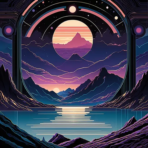 slorp slorpin, retro-futurism, cosmic horror, seascape, cutaway mountains dusk art nouveau