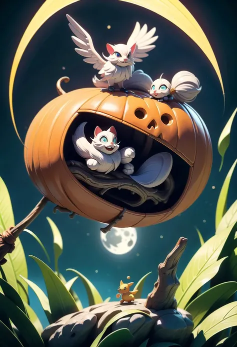 score_8_up, a withc is flying on a rocket broom over a foggy forrest. The moon is a huge carved pumpkin