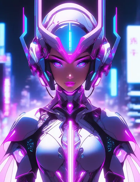 Beautiful feminine humanoid figure, electric fuchsia and blue glow emitting from cybernetic eyes, perfect face, perfect anatomy, overlooking a futuristic city,cinematic pink and blue lighting, intricate metal and lace details, near future cyberpunk setting