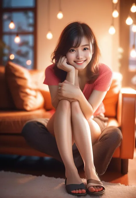 1girl,sitting on a cozy couch,crossing legs,soft light,smile, ((extreme skin detail)), hdr, ((ultrarealistic)), ((photo)), bokeh, depth of field, 8k uhd, dslr, soft lighting, high quality, Fujifilm XT3