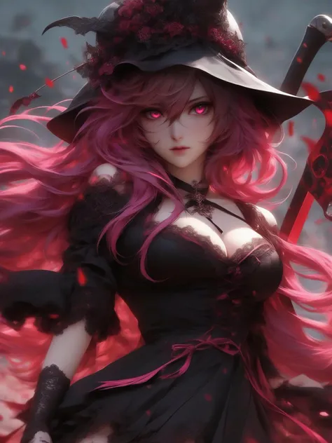 (Anime style), 2D, masterpiece, best quality,Amazing,1girl, Mori Calliope hololive, finely detail,Depth of field,extremely detailed CG unity 8k wallpaper, masterpiece, full body, beautiful goddess of death, gothic outfit, sexy black dress with lace trim, (black crown), transparent veil, (decorative skull motif), (pink hair + pink eyes), big breasts, (hold the scythe), angry face,(beautiful detailed eyes), Blood drop,Blood fog, floating hair,light shafts, soft focus, character focus,disheveled hair,long bangs, hairs between eyes, looking at viewer,lowing hair, floating, Splashing blood,Long hair,(Bloodstain), highly detailed eyes