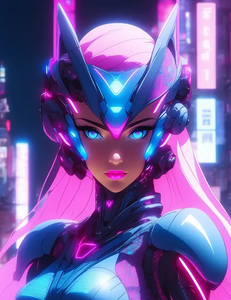 Beautiful feminine humanoid figure, electric fuchsia and blue glow emitting from cybernetic eyes, perfect face, perfect anatomy, overlooking a futuristic city,cinematic pink and blue lighting, intricate metal and lace details, near future cyberpunk setting