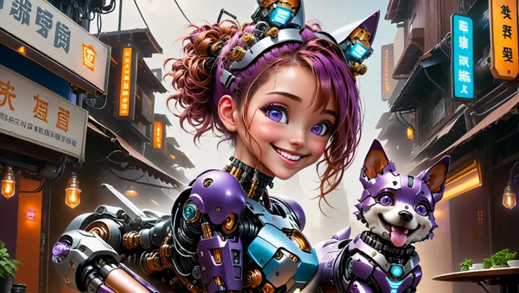 (((masterpiece))), (realistic:1.3), ((realism)), 8k,16k,( photo realistic:1.3 (best quality:1.2), ((1mechanical girl)) petting her small (mechanical dog:1.3), restaurant setting, (food porn:1.2), Textured, detailed, <lora:cyborg_style_xl:0.4> cyborg style, glowing eyes, (robot:1.3), cyborg, robotic metal (hard edges:1.2), <lora:add-detail-xl:0.7>, (happy:1.3), smile, (Excited:1.1), ecstatic, Whiskers, Animal Ears, (Cute:1.3), (funny:1.2), (cybernetic:1.6), (Cyborg:1.3), science fiction, cyberpunk, <lora:Amouranth-XL:0.6>, <lora:cortana:0.1> highres, short hair, hologram, <lora:Future_Citys_xl:0.2> (cityscape:1.1), concept art, hand on dog, petting dog, <lora:wowifierXL:0.5> mooncryptowow, tattoos, complex, (medium sized dog being petted:1.2), small dog, (petting:1.4), cute, (good boy:1.1), best boy, Clear, Sharp image, Clear image, <lora:jijia_xl:0.5> mecha, science fiction, armor, robot, <lora:bcklt:0.4> , (full lips:1.2), (beautiful smile:1.2), (black and purple armor:1.2), blue eyes, Messy bun, Caramel Hair