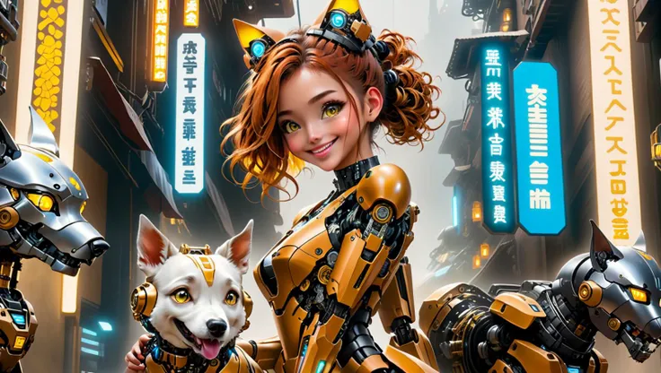 (((masterpiece))), (realistic:1.3), ((realism)), 8k,16k,( photo realistic:1.3 (best quality:1.2), ((1mechanical girl)) petting her small (mechanical dog:1.3), restaurant setting, (food porn:1.2), Textured, detailed, <lora:cyborg_style_xl:0.4> cyborg style, glowing eyes, (robot:1.3), cyborg, robotic metal (hard edges:1.2), <lora:add-detail-xl:0.7>, (happy:1.3), smile, (Excited:1.1), ecstatic, Whiskers, Animal Ears, (Cute:1.3), (funny:1.2), (cybernetic:1.6), (Cyborg:1.3), science fiction, cyberpunk, <lora:Amouranth-XL:0.6>, <lora:cortana:0.1> highres, short hair, hologram, <lora:Future_Citys_xl:0.2> (cityscape:1.1), concept art, hand on dog, petting dog, <lora:wowifierXL:0.5> mooncryptowow, tattoos, complex, (medium sized dog being petted:1.2), small dog, (petting:1.4), cute, (good boy:1.1), best boy, Clear, Sharp image, Clear image, <lora:jijia_xl:0.5> mecha, science fiction, armor, robot, <lora:bcklt:0.4> , (full lips:1.2), (beautiful smile:1.2), (black and yellow armor:1.2), black and yellow armor, blue eyes,, Messy bun, Caramel Hair
