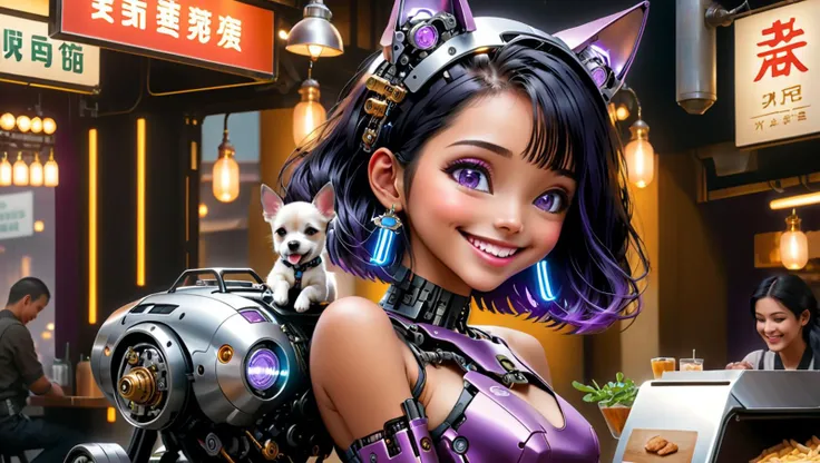 (((masterpiece))), (realistic:1.3), ((realism)), 8k,16k,( photo realistic:1.3 (best quality:1.2), ((1mechanical girl)) petting her small (mechanical dog:1.3), restaurant setting, (food porn:1.2), Textured, detailed, <lora:cyborg_style_xl:0.4> cyborg style, glowing eyes, (robot:1.3), cyborg, robotic metal (hard edges:1.2), <lora:add-detail-xl:0.7>, (happy:1.3), smile, (Excited:1.1), ecstatic, Whiskers, Animal Ears, (Cute:1.3), (funny:1.2), (cybernetic:1.6), (Cyborg:1.3), science fiction, cyberpunk, <lora:Amouranth-XL:0.6>, <lora:cortana:0.1> highres, hologram, <lora:Future_Citys_xl:0.2> (cityscape:1.1), concept art, hand on dog, petting dog, <lora:wowifierXL:0.5>, tattoos, complex, (medium sized dog being petted:1.2), small dog, (petting:1.4), cute, (good boy:1.1), best boy, Clear, Sharp image, Clear image, <lora:jijia_xl:0.5> mecha, science fiction, armor, robot, <lora:bcklt:0.4> , (full lips:1.2), (beautiful smile:1.2), (black and purple armor:1.2), blue eyes, Lob (Long Bob), Black Hair, Olive skin tone, Brooch, Street market