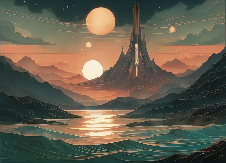 slorp slorpin, retro-futurism, cosmic horror, seascape, cutaway mountains dusk art nouveau