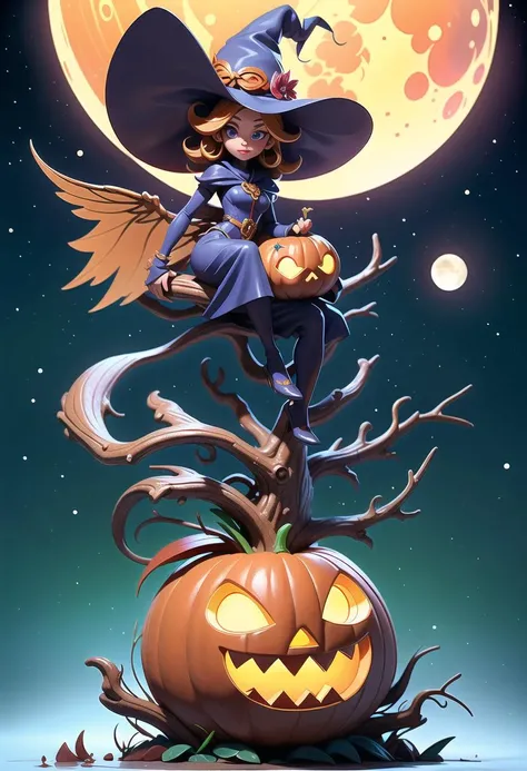 score_8_up, a witch is flying on a rocket broom over a foggy forrest. The moon is a huge carved pumpkin