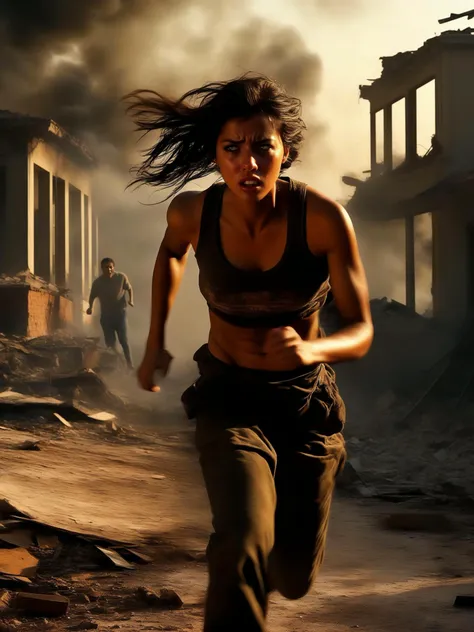 (masterpiece:1.5),(bestquality),highlydetailed,ultra-detailed,(1girl),(extremely beautiful),(running in panic),(ruined city:1.2),(crumbling buildings),(devastated landscape),(smoke-filled skies),(burning house:1.1),(fiery inferno),(broken car:1.1),(wreckage and debris),(gun explosion:1.2),(intense blast),(dynamic action),(desperate sprint),(fear-stricken expression),(wide-eyed terror),(tattered clothing),(dirt and sweat),(thick smoke),(dramatic lighting),(eerie shadows),(haunting ambiance),(ominous silence),(captivating narrative),(suspenseful storyline),(tense composition),(cinematic portrayal),(apocalyptic scene),(chaos and destruction),(close-up portrait),(expressive eyes),(sweat beads),(terror-stricken face),(turbulent emotions),(immersive scene),(engaging storytelling)
