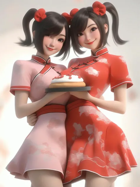 2girls,holding another,object hug,breast press, Double Buns,short hair,(smirk,naughty face,:D:1.2),Short sleeves,china minidress