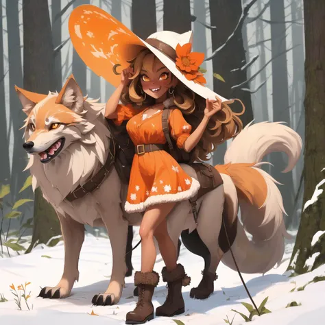 (artist: melkormacin)+ 1girl1, Full Body, scene: outside, on forest clearing, wood in background,intricate background, interesting background, (Girl 30 Years old)+ (Messy Fluffy hair, two-tone-hair, Bronze-skin, natural breasts, detailed face, detailed eyes, natural full lips)+ (wearing: light Summer dress With cherry-print, Lady-summerhat With very a broad brimm, old military-boots) (pet-animal: a wolf on a leash, wolf facing viewer, baring teeth, grimm expression, aggressive, blood dripping from teeth, rough fur, fur-color white and orange two tone) (action: standing on a forest-clearing, leashed wolf at One Hand, other Hand on waist, challenging look expression) add_detail, Lana2306, ExpressiveH