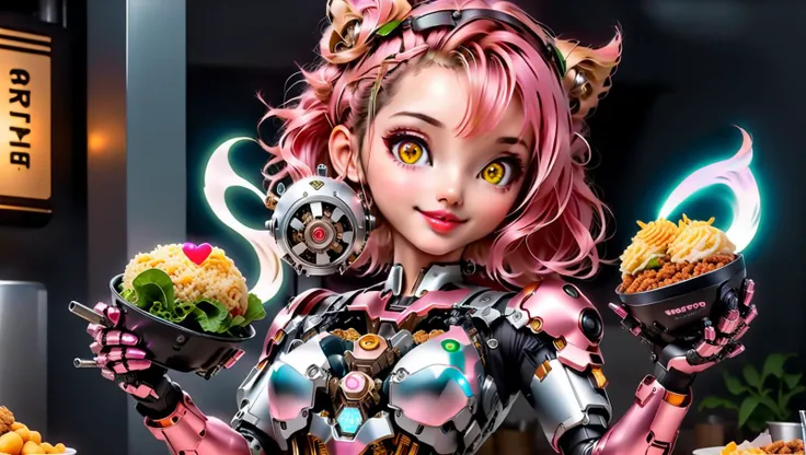 ((((masterpiece)))), (realistic:1.3), (((realism))), 8k,16k, (best quality:1.2), ((1mechanical girl)) petting her small (mechanical dog:1.5), restaurant, (food porn:1.5), Textured, detailed, <lora:cyborg_style_xl:0.6> cyborg style, glowing eyes, (robot:1.4), cyborg, robotic metal (hard edges:1.2), <lora:add-detail-xl:0.8>, (happy:1.4), smile, (Excited:1.1), ecstatic, Whiskers, Animal Ears, (Cute:1.3), (funny:1.2), (cybernetic:1.6), (Cyborg:1.3), science fiction, cyberpunk, <lora:Amouranth-XL:0.7>, <lora:cortana:0.1> highres, short hair, hologram, <lora:Future_Citys_xl:0.2> (cityscape:1.4), concept art, hand on dog, petting dog, <lora:wowifierXL:0.5> mooncryptowow, tattoos, complex, (medium sized dog being petted:1.2), small dog, (petting:1.4), cute, (good boy:1.1), best boy, Clear, Sharp image, Clear image, <lora:jijia_xl:0.5> mecha, science fiction, armor, robot, <lora:bcklt:0.4> <lora:chibstyleXLv11:0.4>, (heart shaped lips:1.2),
