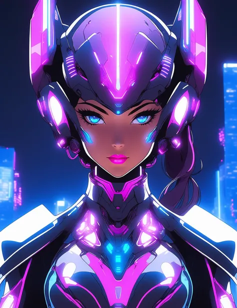 Beautiful feminine humanoid figure, electric fuchsia and blue glow emitting from cybernetic eyes, perfect face, perfect anatomy, overlooking a futuristic city,cinematic pink and blue lighting, intricate metal and lace details, near future cyberpunk setting