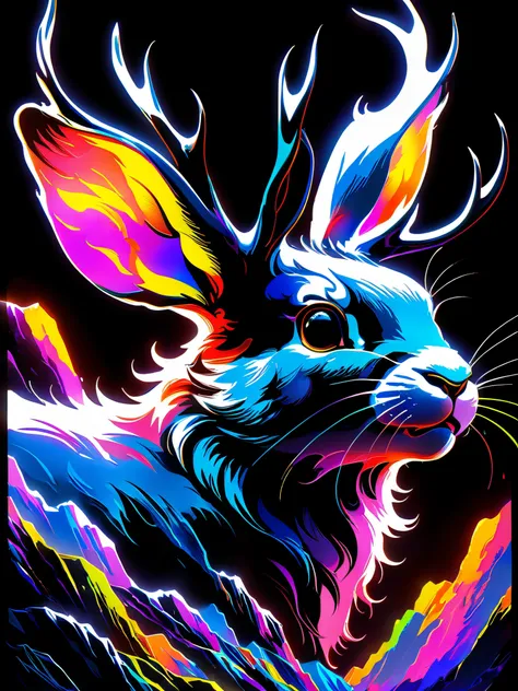 black light poster of a ghostly jackalope, otherworldly, detailed closeup of rabbit face, translucent and ephemeral, on a dark plain lit by neon thunderstorm clouds, watching, wary of the wind, eyes glowing, in the style of Noriyoshi Ohrai and Norman Bluhm, expressive brushstrokes, spectacular great plains night, naturecore, vivid colors, <lora:add-detail-xl:.6>, <lora:WowifierXL-V2:.6>,