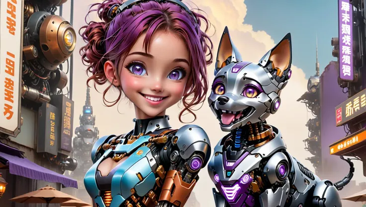 (((masterpiece))), (realistic:1.3), ((realism)), 8k,16k,( photo realistic:1.3 (best quality:1.2), ((1mechanical girl)) petting her small (mechanical dog:1.3), restaurant setting, (food porn:1.2), Textured, detailed, <lora:cyborg_style_xl:0.4> cyborg style, glowing eyes, (robot:1.3), cyborg, robotic metal (hard edges:1.2), <lora:add-detail-xl:0.7>, (happy:1.3), smile, (Excited:1.1), ecstatic, Whiskers, Animal Ears, (Cute:1.3), (funny:1.2), (cybernetic:1.6), (Cyborg:1.3), science fiction, cyberpunk, <lora:Amouranth-XL:0.6>, <lora:cortana:0.1> highres, short hair, hologram, <lora:Future_Citys_xl:0.2> (cityscape:1.1), concept art, hand on dog, petting dog, <lora:wowifierXL:0.5> mooncryptowow, tattoos, complex, (medium sized dog being petted:1.2), small dog, (petting:1.4), cute, (good boy:1.1), best boy, Clear, Sharp image, Clear image, <lora:jijia_xl:0.5> mecha, science fiction, armor, robot, <lora:bcklt:0.4> , (full lips:1.2), (beautiful smile:1.2), (black and purple armor:1.2), blue eyes, Messy bun, Caramel Hair