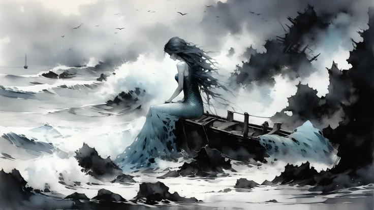 A moody scene, inspired by (Stephen Gammell) and (Russ Mills), colors inspired by Alena Aenami, creepy midshot side portrait of one sinister and beautiful scaled mermaid, pale gray blue skin with the same shade of gray-blue empty eyes, faded purple scaled finned tail, ghostly dress, sitting on a gray rock in a stormy, dark sea and splashing waves, sea foam, ghostly ship wreckage background, charcoal and ink wash