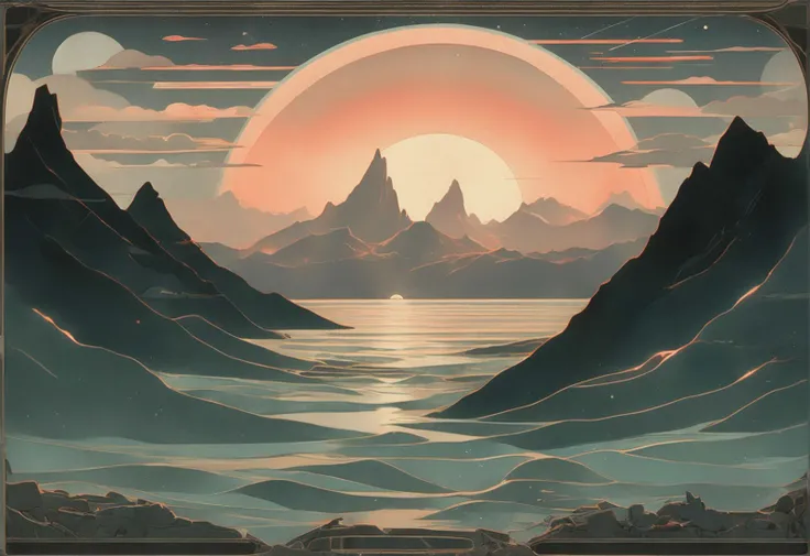 slorp slorpin, retro-futurism, cosmic horror, seascape, cutaway mountains dusk art nouveau