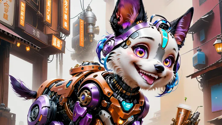 (((masterpiece))), (realistic:1.3), ((realism)), 8k,16k,( photo realistic:1.3 (best quality:1.2), ((1mechanical girl)) petting her small (mechanical dog:1.3), restaurant setting, (food porn:1.2), Textured, detailed, <lora:cyborg_style_xl:0.4> cyborg style, glowing eyes, (robot:1.3), cyborg, robotic metal (hard edges:1.2), <lora:add-detail-xl:0.7>, (happy:1.3), smile, (Excited:1.1), ecstatic, Whiskers, Animal Ears, (Cute:1.3), (funny:1.2), (cybernetic:1.6), (Cyborg:1.3), science fiction, cyberpunk, <lora:Amouranth-XL:0.6>, <lora:cortana:0.1> highres, short hair, hologram, <lora:Future_Citys_xl:0.2> (cityscape:1.1), concept art, hand on dog, petting dog, <lora:wowifierXL:0.5> mooncryptowow, tattoos, complex, (medium sized dog being petted:1.2), small dog, (petting:1.4), cute, (good boy:1.1), best boy, Clear, Sharp image, Clear image, <lora:jijia_xl:0.5> mecha, science fiction, armor, robot, <lora:bcklt:0.4> , (full lips:1.2), (beautiful smile:1.2), (black and purple armor:1.2), blue eyes, Messy bun, Caramel Hair