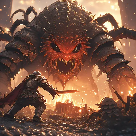((masterpiece, best quality, hyper detailed, UHD, HDR)), wide-angle lens, view from a 45-degree angle, from below, this is a world of giants except for humans, a shattered and ancient world, filled with Secrets and Dangers! We watch
a <lora:XL_Chibi_Knights_-_by_HailoKnight:.85> Chibi Knight with her shining full plate armor cautiously enters the ancient ruins at Sunset, then descends into the dark depths in search of glory and treasure. The Chibi Knight encounters a Hairy Giant Spider, hairy spider in macro photography, and an epic battle starts!, and it is <lora:XL_boss_battle:.8>Bosstyle, In this epic fight-scene, the brave Chibi Knight uses a sword to resist the attacks of the monstrous hairy spider boss, scattered torches in the background, moss covered wood, natural light, turbulent and dramatic skies, cinematic composition, -level special effects, <lora:EnvyBetterHiresFixXL01:.80>, <lora:extremely_detailed:.75> extremely detailed,