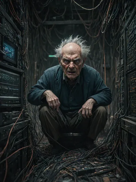 analog film photo an angry old man, looking at the viewer, in a dark room full of wires and computers. intricate, elegant, highly detailed, digital painting, artstation, concept art, sharp focus, illustration, by justin gerard and artgerm, 8 k. unreal engine. art byames gurney and laurie greasley, very coherent symmetrical artwork. cinematic, hyper realism  <lora:CyberpunkSDXL:1> Cybperunk Style, [prompt] <lora:LCM_LoRA_Weights:0.7>, dramatic lighting, faded film, desaturated, 35mm photo, grainy, vignette, vintage, Kodachrome, Lomography, stained, highly detailed, found footage