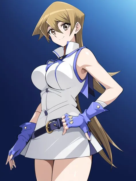 <lora:Tenjoin_Asuka:0.9>, Tenjoin Asuka, 1girl, tenjouin asuka, long hair, solo,  gloves, fingerless gloves, shiny, shiny hair, white_skirt, huge_breasts, full body, sleeveless, boots, brown eyes, blue gloves, standing, looking at viewer, smile, white footwear, closed mouth, bangs,  blonde hair, belt, (white_miniskirt:1.8), hair between eyes, straight hair, brown hair, elbow gloves, very long hair, stadium in,
masterpiece, high quality, very_high_resolution, large_filesize, full color,
