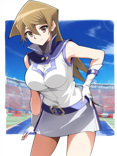 <lora:Tenjoin_Asuka:0.9>, Tenjoin Asuka, 1girl, tenjouin asuka, long hair, solo, gloves, fingerless gloves, shiny, shiny hair, white_skirt, huge_breasts, full body, sleeveless, boots, brown eyes, blue gloves, standing, looking at viewer, smile, white footwear, closed mouth, bangs, blonde hair, belt, (white_miniskirt:1.8), hair between eyes, straight hair, brown hair, elbow gloves, very long hair, stadium in,
masterpiece, high quality, very_high_resolution, large_filesize, full color,