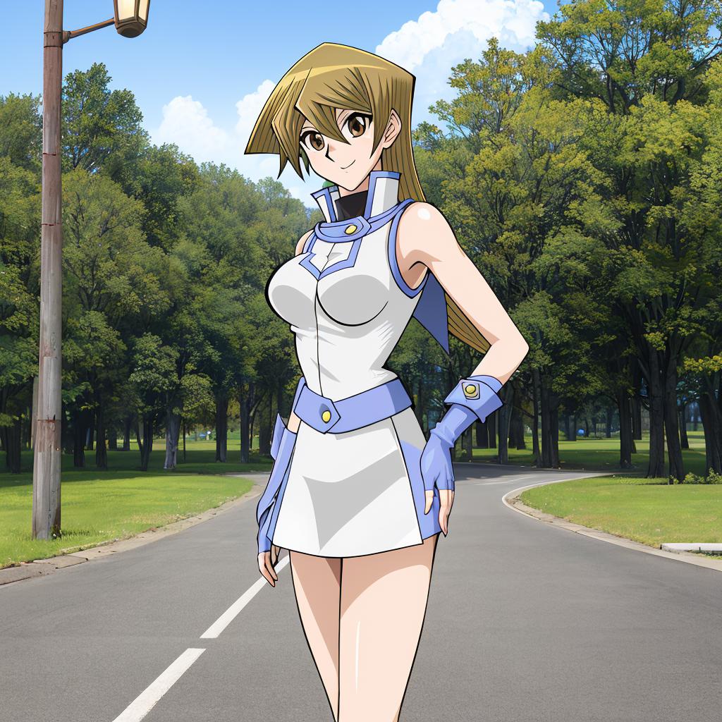 Anime girl in a short skirt and top standing on a street - SeaArt AI