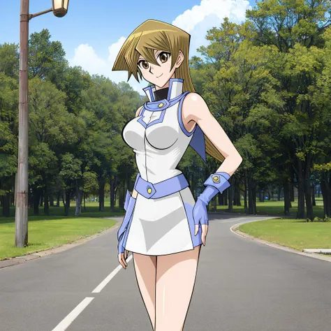 animation,1girl,tenjouin asuka,solo,blonde hair,brown eyes,long hair,cabal of light_school uniform,sleeveless, bare shoulders,white elbow gloves,white gloves,fingerless gloves,white skirt,white footwear, boots, white miniskirt,breasts,large breasts,cowboy shot,standing,outdoors,smile,closed mouth,lower body,<lora:Tenjoin_Asuka:1>