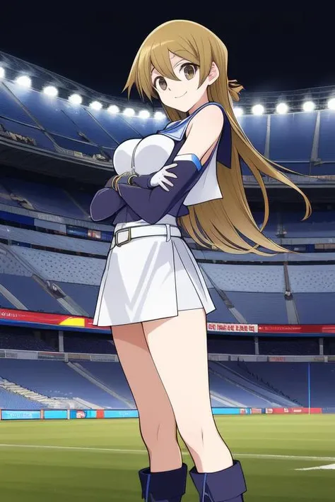 <lora:Tenjoin_Asuka:0.8>, 1girl, tenjouin asuka, long hair, solo, gloves, fingerless gloves, shiny, shiny hair, white_skirt, huge_breasts, full body, sleeveless, boots, brown eyes, blue gloves, standing, looking at viewer, smile, white footwear, closed mouth, bangs, blonde hair, belt, (white_miniskirt:1.8), hair between eyes, straight hair, brown hair, elbow gloves, very long hair, stadium in,
masterpiece, high quality, very_high_resolution, large_filesize, full color,