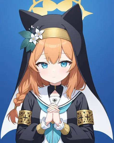 mari \(blue archive\),1girl, nun, solo, halo, habit, single_braid, own_hands_clasped, praying, long_sleeves, parted_lips, sailor_collar, simple_background, neckerchief, wind, animal_ear_headwear, hat_flower, border, sidelocks, interlocked_fingers, blue_background
<lora:mari_(blue_archive)_image2498_2023-11-28-000008:1>halo. gorgeous,key visual, vibrant, studio anime,award-winning, professional, highly detailed,high budget, cinemascope