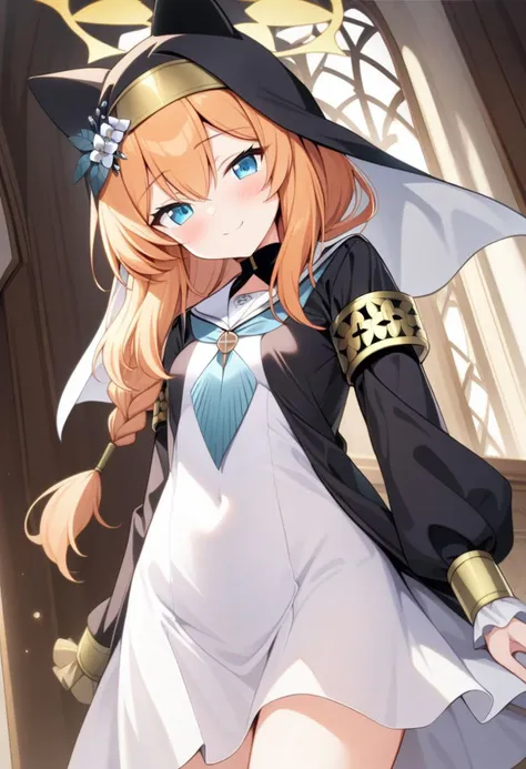 (masterpiece), (best quality), (ultra-detailed), very aesthetic, illustration, perfect composition, intricate details, absurdres,
mari \(blue archive\),1girl, solo
orange hair, blue eyes, animal ear headwear , halo, single braid, long hair,white flower,hair between eyes,
nun, sailor_collar, long_sleeves, blue_neckerchief, hat_flower, habit, long sleeves, dress,balck student shoes,white socks,
small breasts,blush, smile,
standing ,(douch angle),