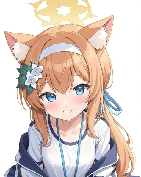 mari \(blue archive\),1girl, official_alternate_costume, solo, halo, gym_uniform, white_background, simple_background, looking_at_viewer, buruma, blush, headband, hair_flower, sitting, animal_ear_fluff, sweat, hairband, shirt, smile, track_jacket, collarbone
<lora:mari_(blue_archive)_image2498_2023-11-28-000008:1>halo. gorgeous,key visual, vibrant, studio anime,award-winning, professional, highly detailed,high budget, cinemascope