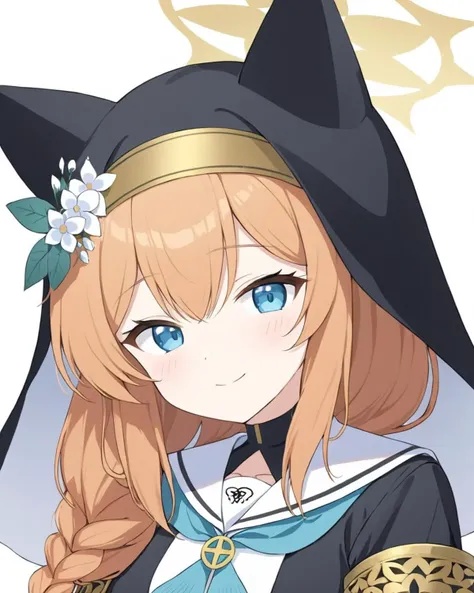 mari \(blue archive\),1girl, animal_ear_headwear, halo, solo, nun, habit, smile, white_background, simple_background, white_sailor_collar, single_braid, upper_body, hat_flower, long_sleeves, looking_at_viewer, blue_neckerchief, notice_lines, white_flower, cropped_torso, closed_mouth, frills
<lora:mari_(blue_archive)_image2498_2023-11-28-000008:1>halo. gorgeous,key visual, vibrant, studio anime,award-winning, professional, highly detailed,high budget, cinemascope