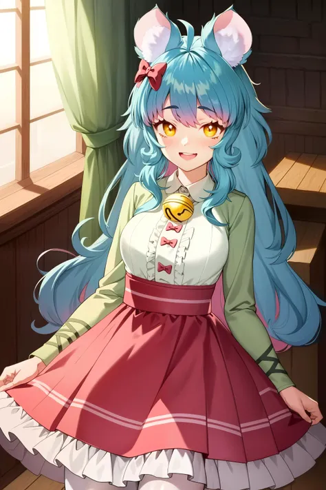 2d, masterpiece, best quality, anime, highly detailed face, highly detailed eyes, highly detailed background, perfect lighting, chessivt, virtual youtuber, 1girl, yellow eyes, long hair, blue hair, multicolored hair, pink hair, bangs, ahoge, hair bow, mouse ears, mouse tail, mouse girl, breasts, medium breasts, bow, puffy long sleeves, (pink skirt:1.2), (high-waist skirt:1.2), neck bell, (white shirt:1.2), green sleeves, (pantyhose:1.2), (white pantyhose:1.2), (upper teeth), window, indoors, smile, arms behind back, (long skirt), <lora:Chessi_VT-08:1>