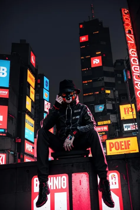 oves, 1boy, solo, male focus, hat, mask, looking at viewer, plaid, , outdoors <lora:oves:0.55>
cyber city landscape, (cyberpunk:1.4), night, dark theme, cybernetic body, neon, mechanical elements on the body, sitting on throne