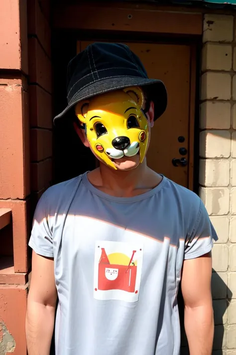 oves, 1boy, solo, male focus, hat, mask, looking at viewer, , outdoors <lora:oves:0.55>