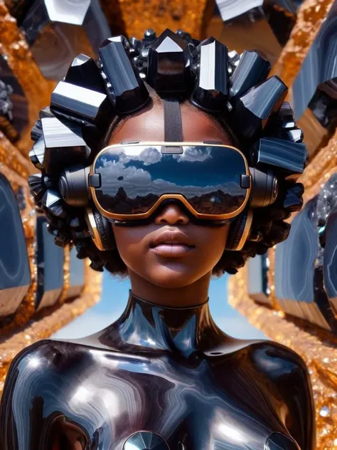 Afrofuturism, a girl made entirely of obsidian, with virtual reality glasses, cosmic background, ObsidianGold, <lora:ObsidianGold: 0.75>