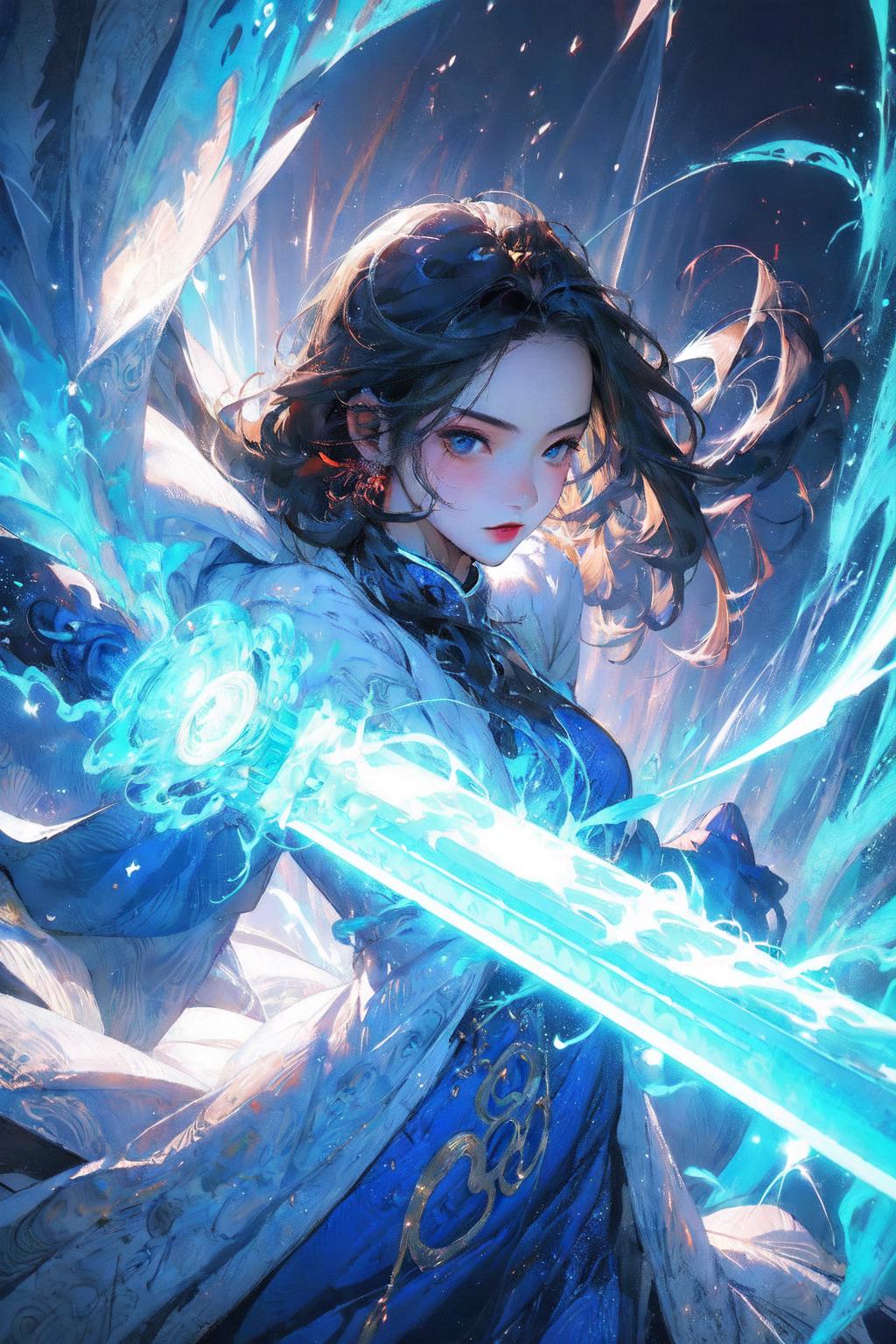 A woman with a sword in her hand and a blue light - SeaArt AI