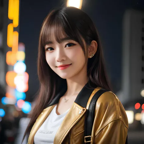 Wearing Jacket, smiling, hyper realistic lifelike texture dramatic lighting unreal engine trending on art station, award winning photo, nikon RAW photo,8 k, Fujifilm XT3,masterpiece, best quality, realistic, photorealistic, ultra detailed, extremely detailed face, solo,1girl, fashionable and trendy atmosphere, high-end makeup products, and a stylish expression on her face, t-shirt, beautiful detailed girl, extremely detailed eyes and face, beautiful detailed nose, beautiful detailed eyes, cinematic lighting, city lights at night, perfect anatomy